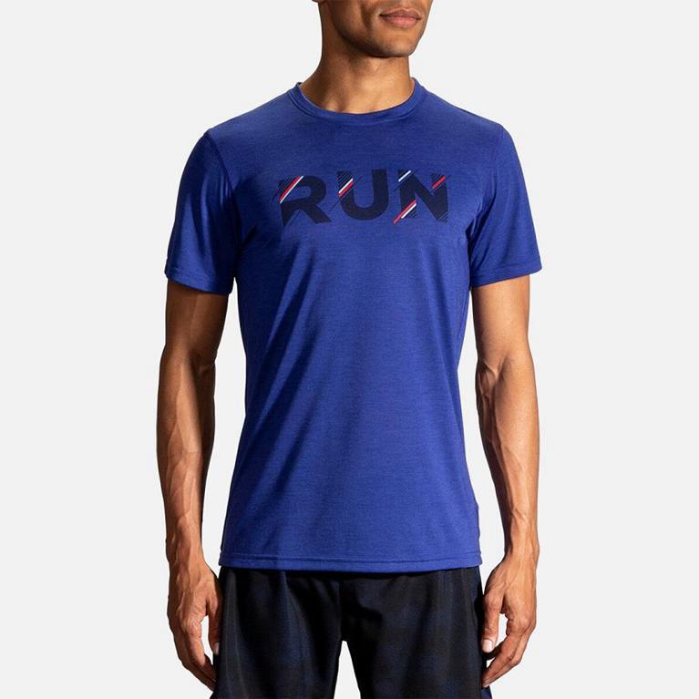 Brooks Distance Graphic Short Sleeve Running Shirt - Men's - Blue (28519-XJFB)